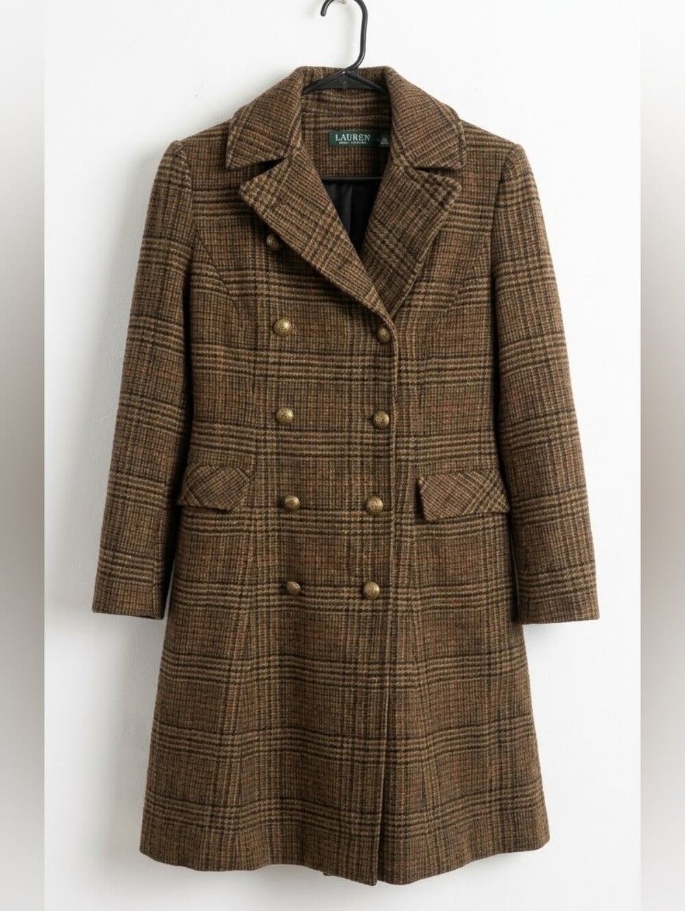 Lauren Ralph Lauren Brown Plaid Double-Breasted Wool-Blend Coat